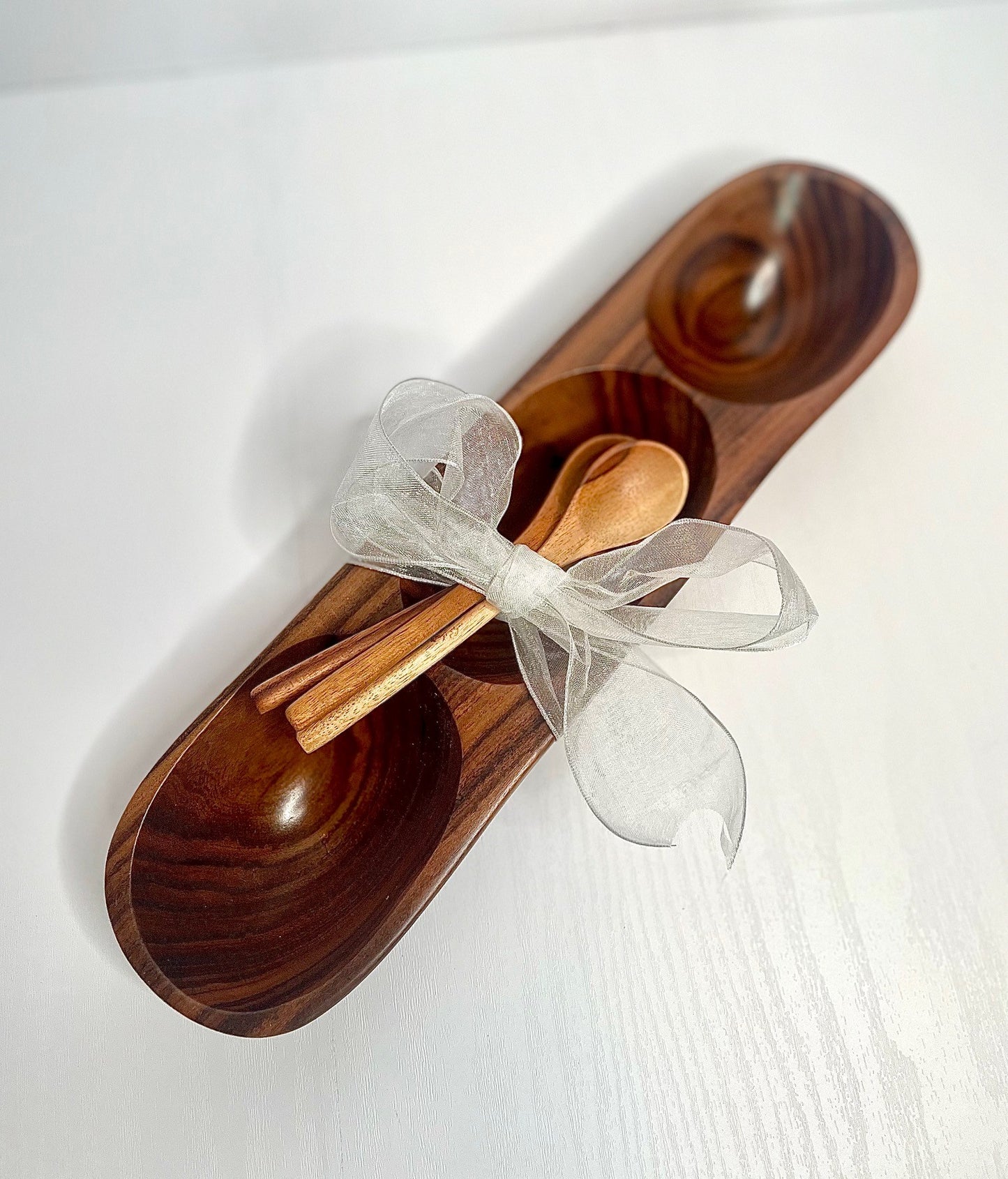 Wood Condiment Dish w/ Spoons